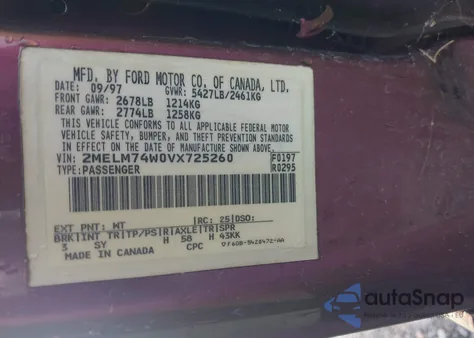 1997 Mercury Grand Marquis Gs from USA, damaged, VIN 2MELM74W0VX725260